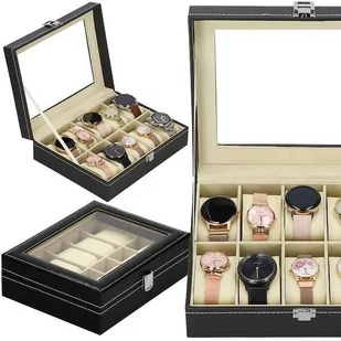 ﻿Szkatułka na zegarki 25x20x8 cm czarno-kremowy, ekoskóra organizer z 10 prz - Biżuteria - akcesoria - miniaturka - grafika 1