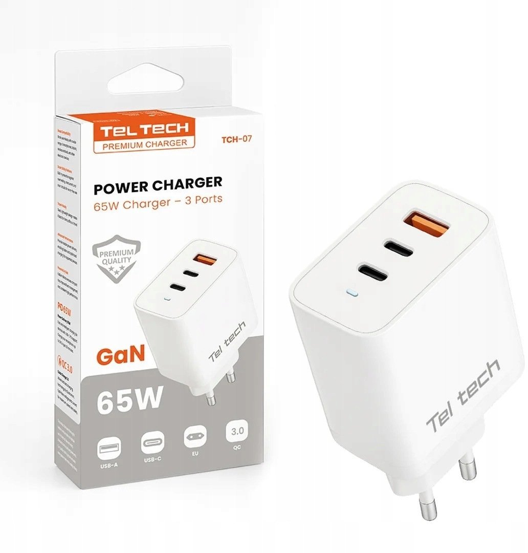 Ładowarka Teltech ładowarka sieciowa GaN USB / 2x USB-C 65W QC PD biały TCH-07 36567