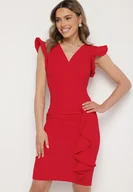 Sukienki - Czerwona Dopasowana Sukienka z Kopertowy Dekoltem i Falbanką Lunolenia - miniaturka - grafika 1