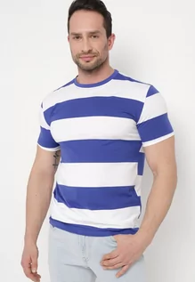 Koszulki męskie - Niebieska Casualowa Koszulka z Krótkim Rękawem z Bawełny w Paski Benneli - grafika 1