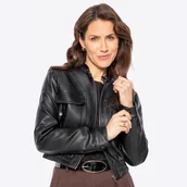 Kurtki damskie - Damska kurtka z ekoskóry ze ściągaczem czarna - miniaturka - grafika 1