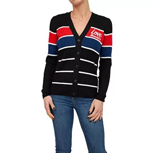 Swetry damskie - Love Moschino Damski kardigan z logo Embroidery On The Chest, White Sky Grey Black Stripes, 38 - grafika 1