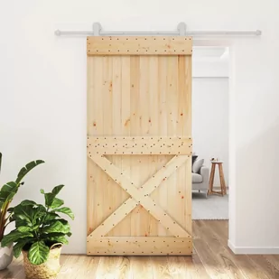 vidaXL Drzwi przesuwne z osprzętem, 100x210 cm, lite drewno sosnowe - Ogrodzenia - miniaturka - grafika 3