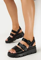 Sandały damskie - Czarne Sandały na Niskim Koturnie z Regulowanymi Paskami Gelasine - miniaturka - grafika 1