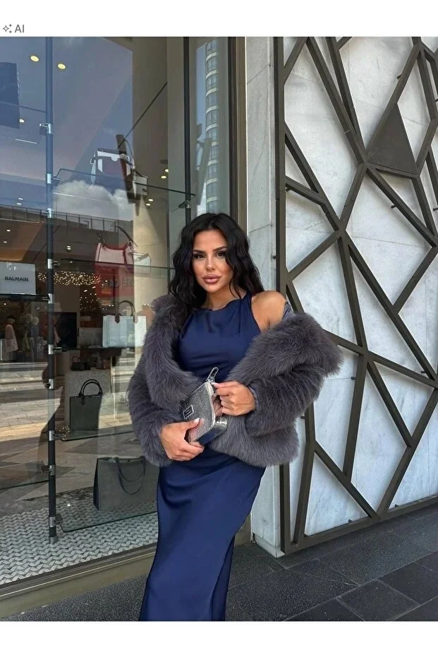 KRÓTKI FUTRZANY PŁASZCZ DAMSKI MIĘKKI ELEGANCKI SZARY M 5IA