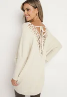 Swetry damskie - Jasnobeżowy Sweter z Wiskozą i Modalem oraz Ozdobnym Wiązaniem Zinnisca - miniaturka - grafika 1