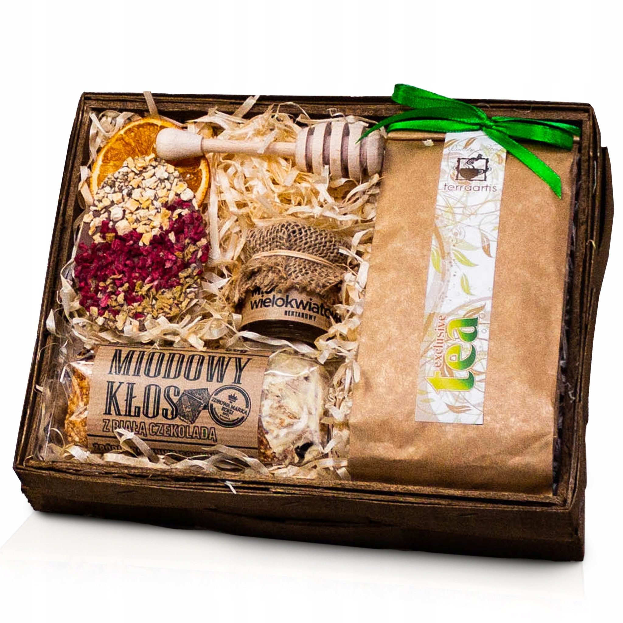 Kosz Prezentowy Wielkanocny na Wielkanoc słodycze, herbata miód