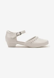 Białe Sandały na Komunię na Płaskim Obcasie ze Skórzaną Wkładką i Ozdobnymi Cyrkoniami Dementra - Moda i Uroda OUTLET - miniaturka - grafika 1