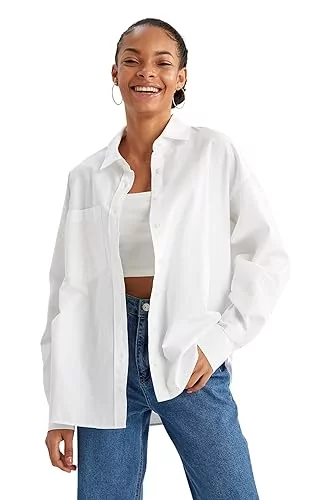 DeFacto Koszula damska z tkaniny bawełnianej z długimi rękawami, biały, M