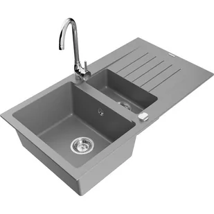 Mexen Matias zlewozmywak granitowy 1,5-komorowy z ociekaczem i baterią kuchenną Telma, szary - Zlewozmywaki z baterią - miniaturka - grafika 1