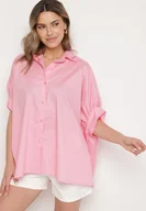 Koszule damskie - Różowa Bawełniana Koszula o Kroju Oversize Zialira - miniaturka - grafika 1