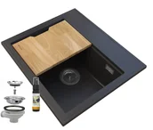 Zlewozmywaki - Granitan Foxal Czarny Zlewozmywak Granitowy Syfon Chrom - miniaturka - grafika 1