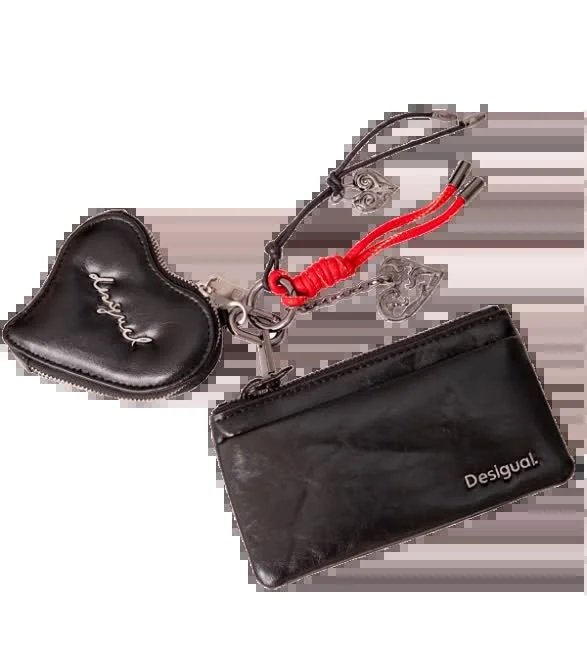 Desigual czarne etui na karty portfelik z doczepianym etui serce