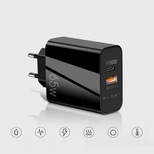 Ładowarka sieciowa szybka Alogy Quick Charge QC 3.0 USB-A + USB-C PD 65W czarna - Ładowarki do telefonów - miniaturka - grafika 1