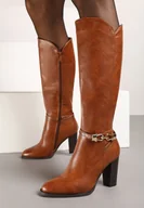 Kozaki damskie - Jasnobrązowe Kozaki na Słupku z Minimalistyczną Klamerką Vortifra - miniaturka - grafika 1