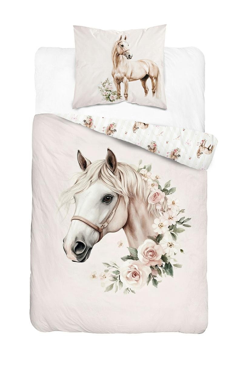 Pościel młodzieżowa 160x200 jasnobeżowa z realistycznym koniem i kwiatami róż - Cotton Junior Collection
