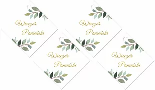 Zawieszki na butelki z wstążeczką na wieczór panieński z zielonymi listkami białe - 12 szt. - Wieczór panieński i kawalerski - miniaturka - grafika 1