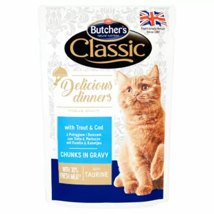 Butchers Classic Delicious Dinners Karma dla kotów kawałki w sosie z pstrągiem i dorszem 100 g 39108-uniw - Mokra karma dla kotów - miniaturka - grafika 1