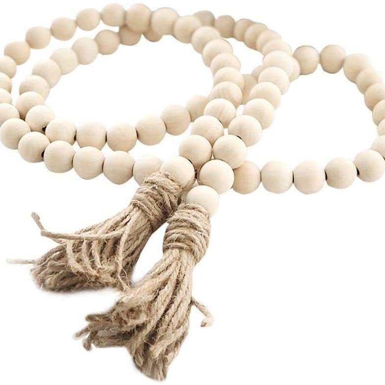 Girlanda z drewnianych koralików Farmhouse Beads o średnicy 58 cali z frędzlami, rustykalny wystrój w stylu boho, duża dekoracja ścienna
