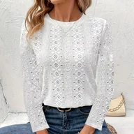 Bluzki damskie - TEMU Bluzka Damska z Eleganckim Koronkowym Wykończeniem i Wzorem Kwiatowym - Długi Rękaw, Okrągły Dekolt, Biała, Styl Casual, Idealna na - miniaturka - grafika 1