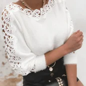 Swetry damskie - TEMU Elegancki Sweter Damski z Koronkowym Wykończeniem – Jednoramienny/Off-Shoulder, Biały z Kontrastowym Kołnierzem, Wysoka Elastyczność, Ciepły - miniaturka - grafika 1