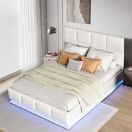 Łóżka - Łóżko tapicerowane 140x200cm, z podwójnym łóżkiem hydraulicznym LED, imitacja skóry , białe - miniaturka - grafika 1