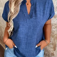 Koszule damskie - TEMU Bluzka Damska z Eleganckim Dekoltem w Serek i Rozkloszowanymi Rękawami - Lekki, Oddychający Top Jednokolorowy na Wiosnę/, Pralna w Pralce, Od - miniaturka - grafika 1