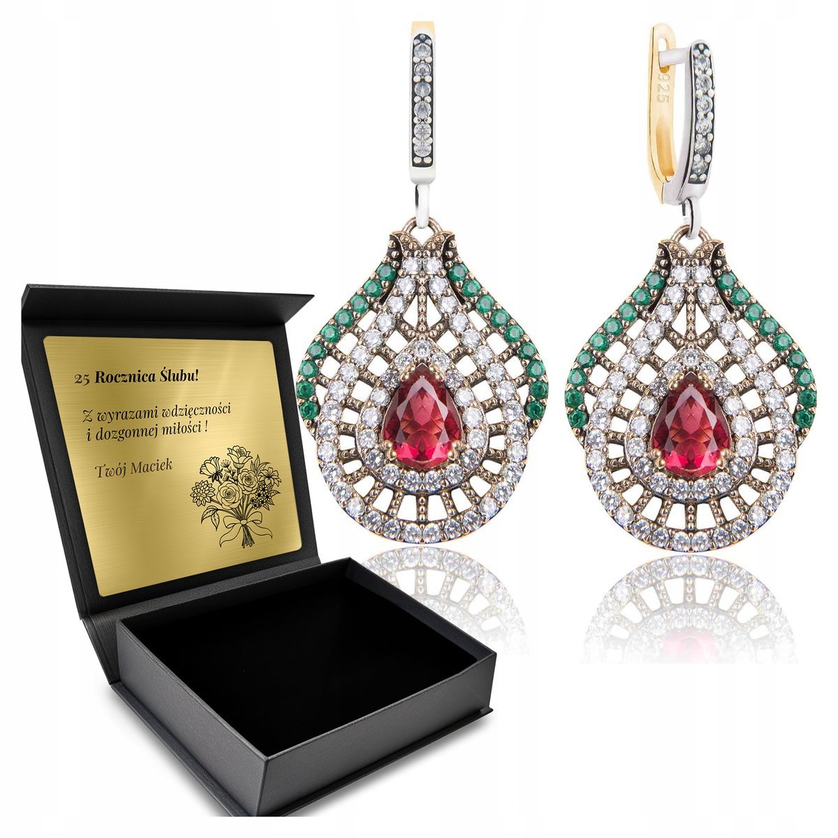 Kolczyki Srebrne 925 Cyrkonie Rubin Szmaragd Biżuteria Dla Kobiety + Grawer