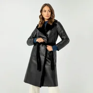 Płaszcze damskie - Damski płaszcz z wiązaniem dwustronny czarny - miniaturka - grafika 1