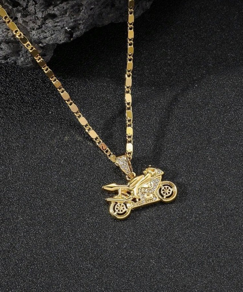 Naszyjnik Łańcuszek Motocyklowy z Motorem Motor Diamentowy Ścigacz Złoty