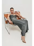 Sukienki - K188 Metaliczna sukienka maxi z wiązaniem w dekolcie - srebrna (kolor srebrny, rozmiar XL) - miniaturka - grafika 1
