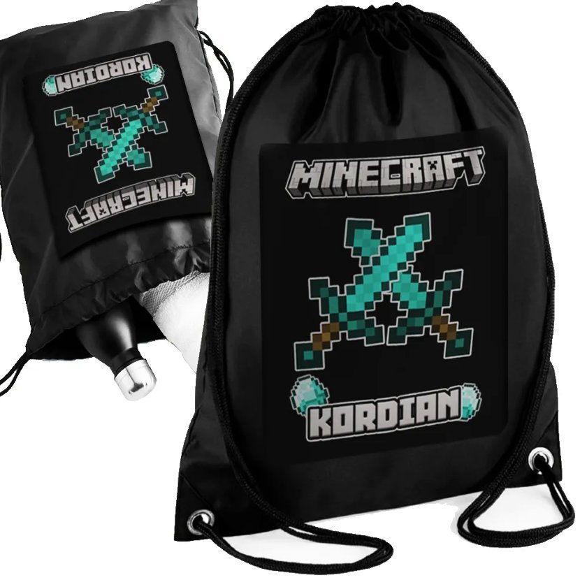 Personalizowany Czarny Worko-Plecak - MINECRAFT Twoje Imię - Nadruk Prezent