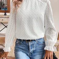 Koszule damskie - TEMU Bluzka Damska Elegancka w Kropki z Francuskim Szwajcarskim Wzorem i Kontrastową Koronką – Bluzka z Długim Rękawem, Stójka, Jednokolorowa Koszula - miniaturka - grafika 1