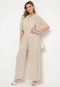 Kombinezony - Beżowy Plisowany Kombinezon o Kopertowym Kroju z Gumką w Talii Ameddie - miniaturka - grafika 1
