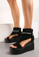 Sandały damskie - Czarne Sandały na Koturnie i Platformie z Wysoką Cholewką Ozdobione Cyrkoniami Varnel - miniaturka - grafika 1