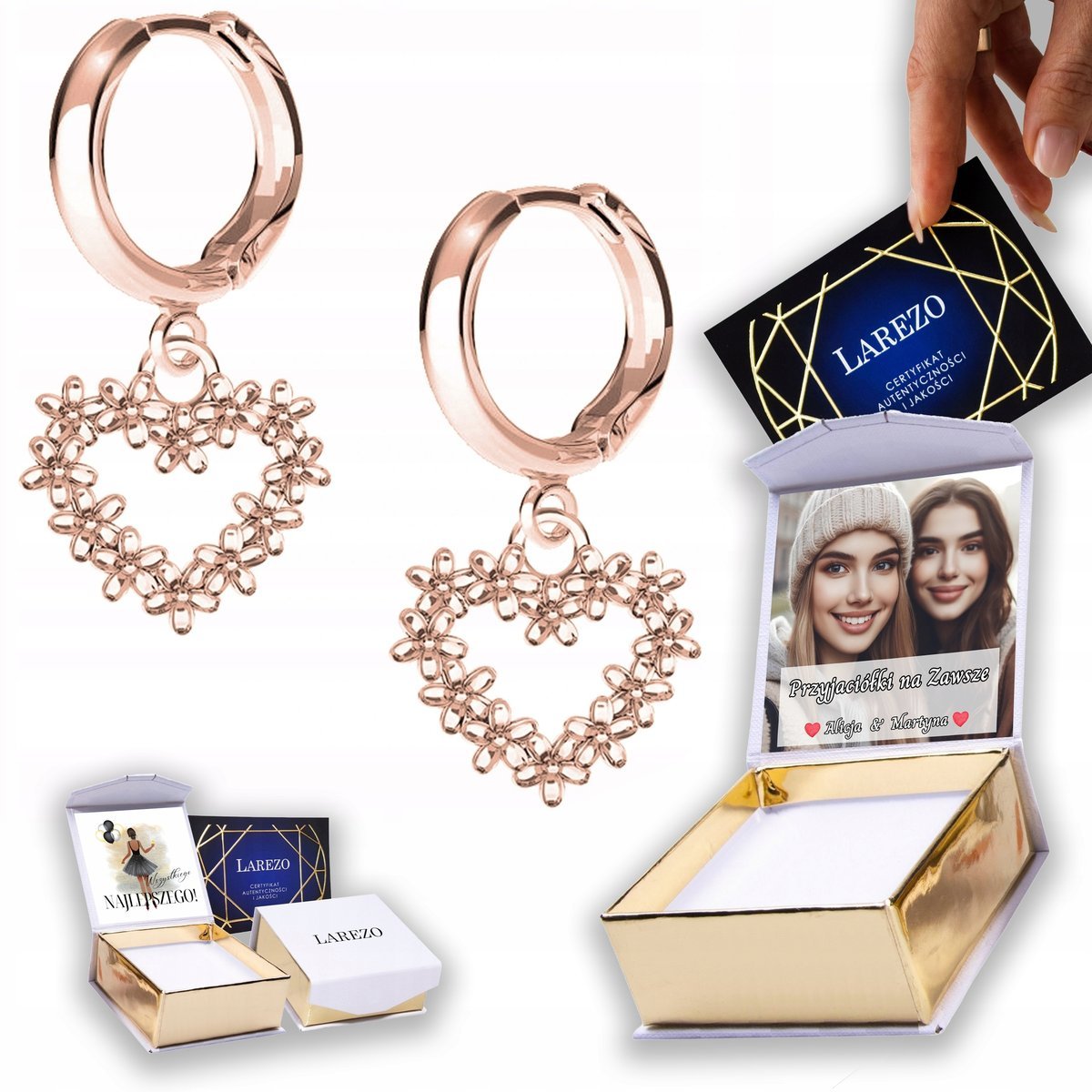 Kolczyki Pozłacane 925 z Kwiatami Ozdobne Serce Kwiaty Kwiatki NADRUK