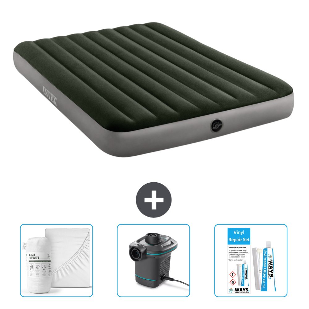 Dmuchane łóżko Intex - 2 osoby - 152 x 203 x 25 cm - zielone - w zestawie prześcieradło - pompka i zestaw naprawczy