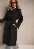 Płaszcze damskie - Czarny Dwurzędowy Płaszcz Typu Trencz z Pagonami i Paskiem w Talii Malwizia - miniaturka - grafika 1