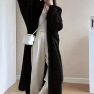 Swetry damskie - TEMU Elegancki damski kardigan z dekoltem w serek i długim rękawem - Miękki płaszcz ze sztucznego z paskiem, luźny sweter o średniej długości na - miniaturka - grafika 1