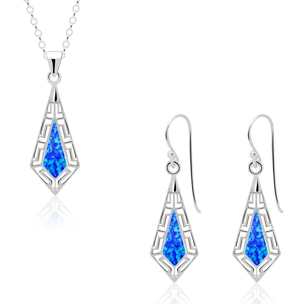 Komplet z niebieskim opalem w ażurowej oprawie srebrny - kolczyki z zawieszką