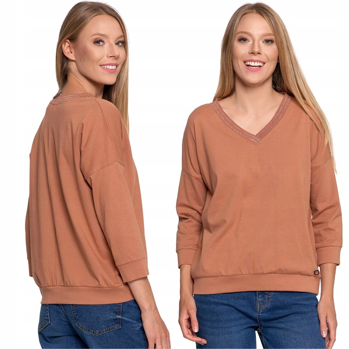 Bluzka Damska Z Dekoltem W Serek Bawełniana Długi Rękaw Klasyczna Moraj 3Xl Mocca