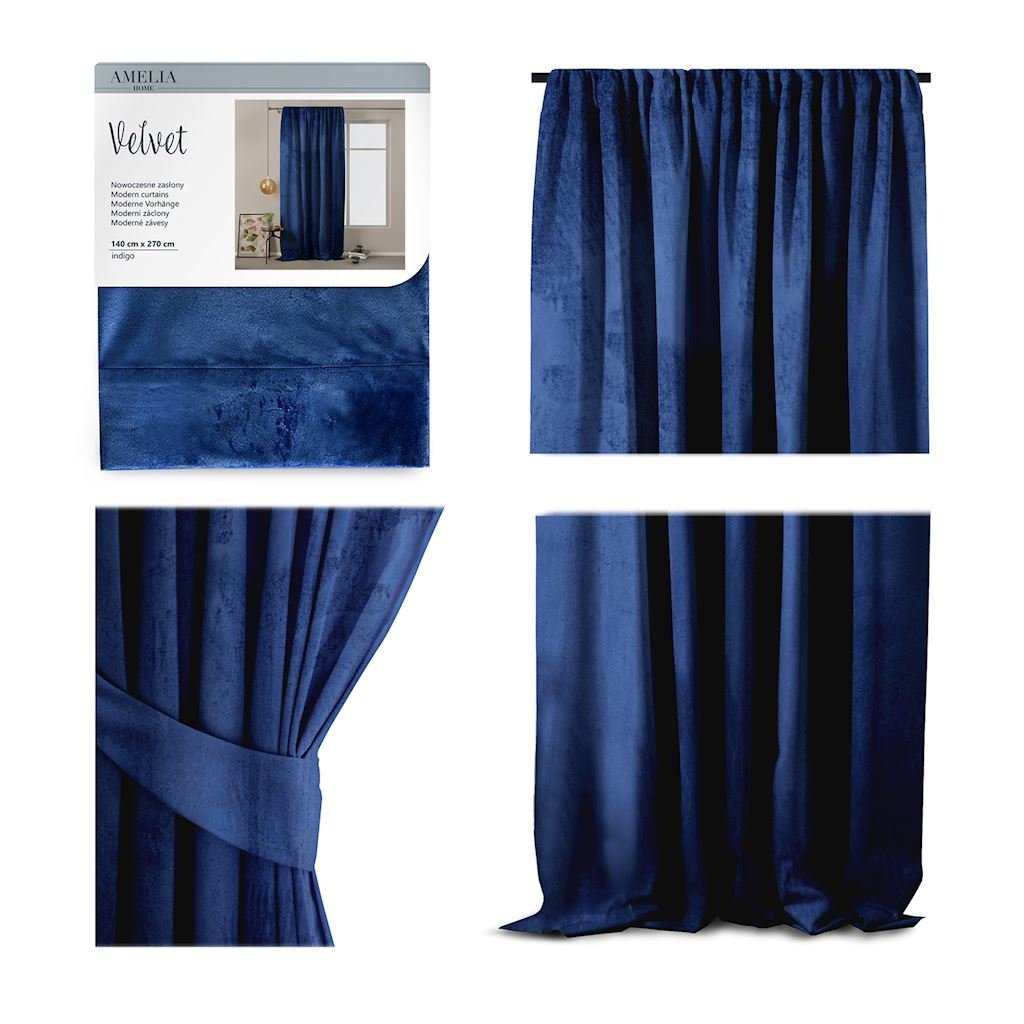 Zasłona, Ah, Velvet, Pleat, Indigo, 140x270, 1szt.