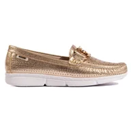 Mokasyny damskie - Goodin Złote mokasyny damskie ze sprzączką złoty - miniaturka - grafika 1