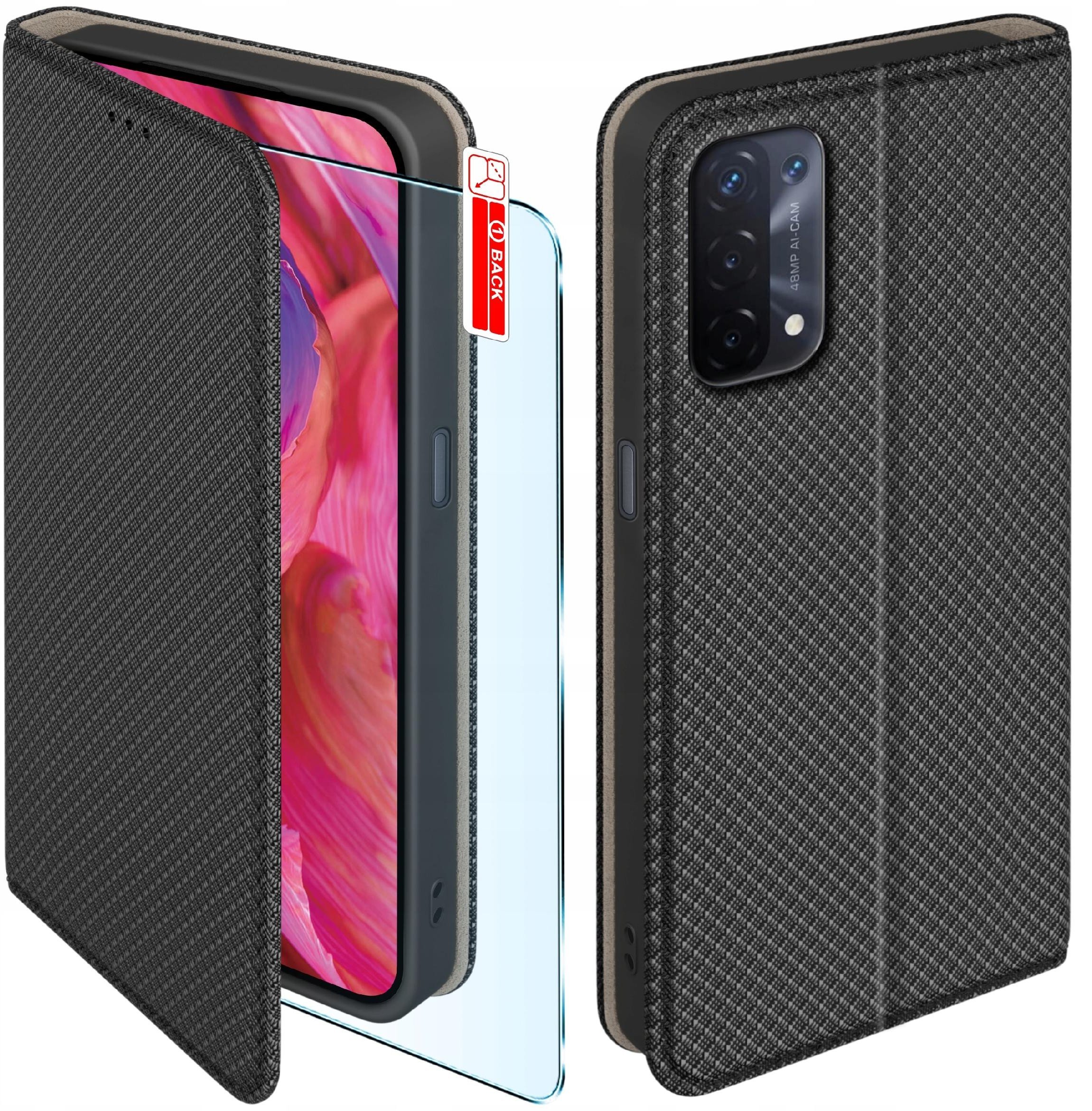 Etui z klapką do Oppo A54 5G A74 5G Zamykane Czarne Futerał + Szkło 9H