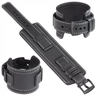 moVear Cw1 22mm Szeroki skórzany pasek do zegarka / smartwatcha | Czarny ze srebrnym przeszyciem, rozmiar M/L - Akcesoria do smartwatchy - miniaturka - grafika 1
