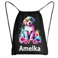 Plecaki worki - Czarny Worek Szkolny Na Buty Workoplecak Na WF Słodki Piesek Golden + IMIĘ - miniaturka - grafika 1