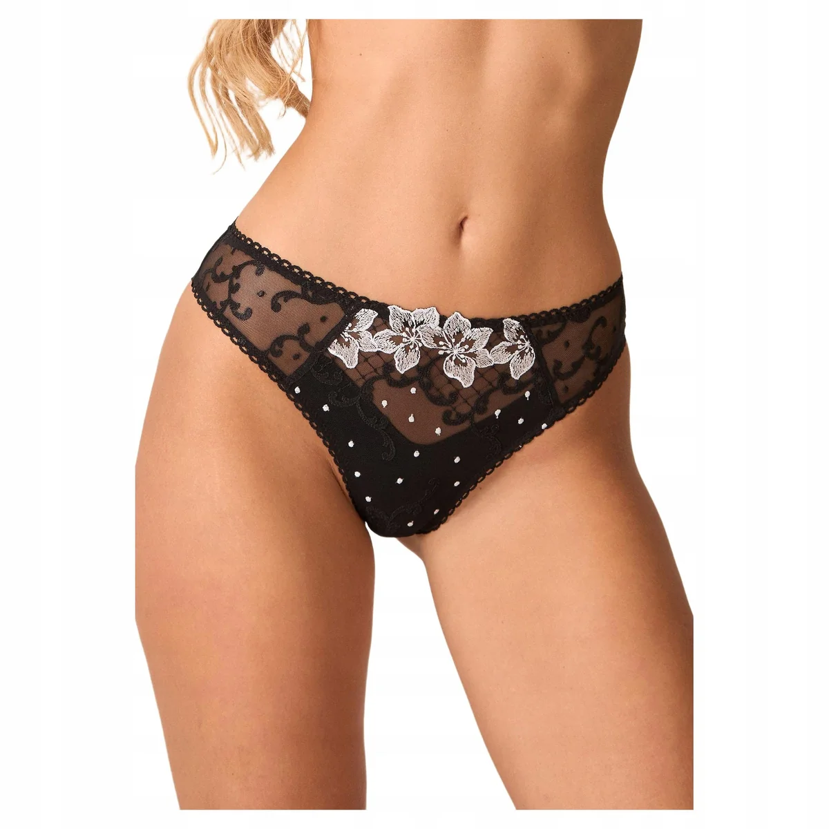 Figi damskie haftowane z tiulem Marilyn White Flower czarne M