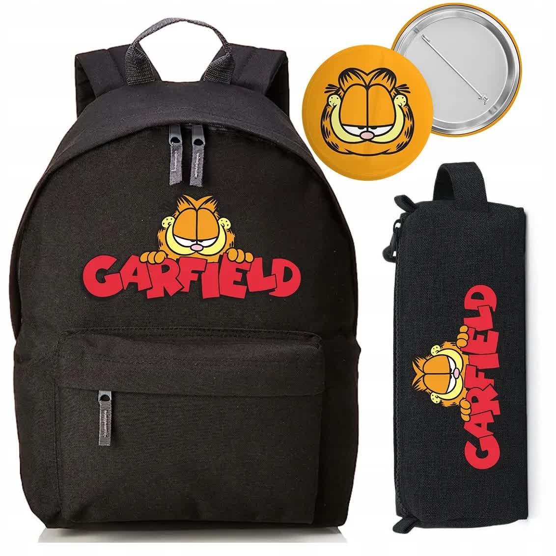 Zestaw do Szkoły Czarny Plecak + Piórnik + Pin Bajka Garfield Wzory