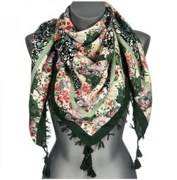 Chusta ludowa folk KWIATKI damska DA-72B zielona - Apaszki i szaliki damskie - miniaturka - grafika 1