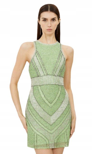 KAREN MILLEN ZIELONA SUKIENKA Z CEKINAMI BEZ RĘKAWÓW DLA NISKICH 42 B1C